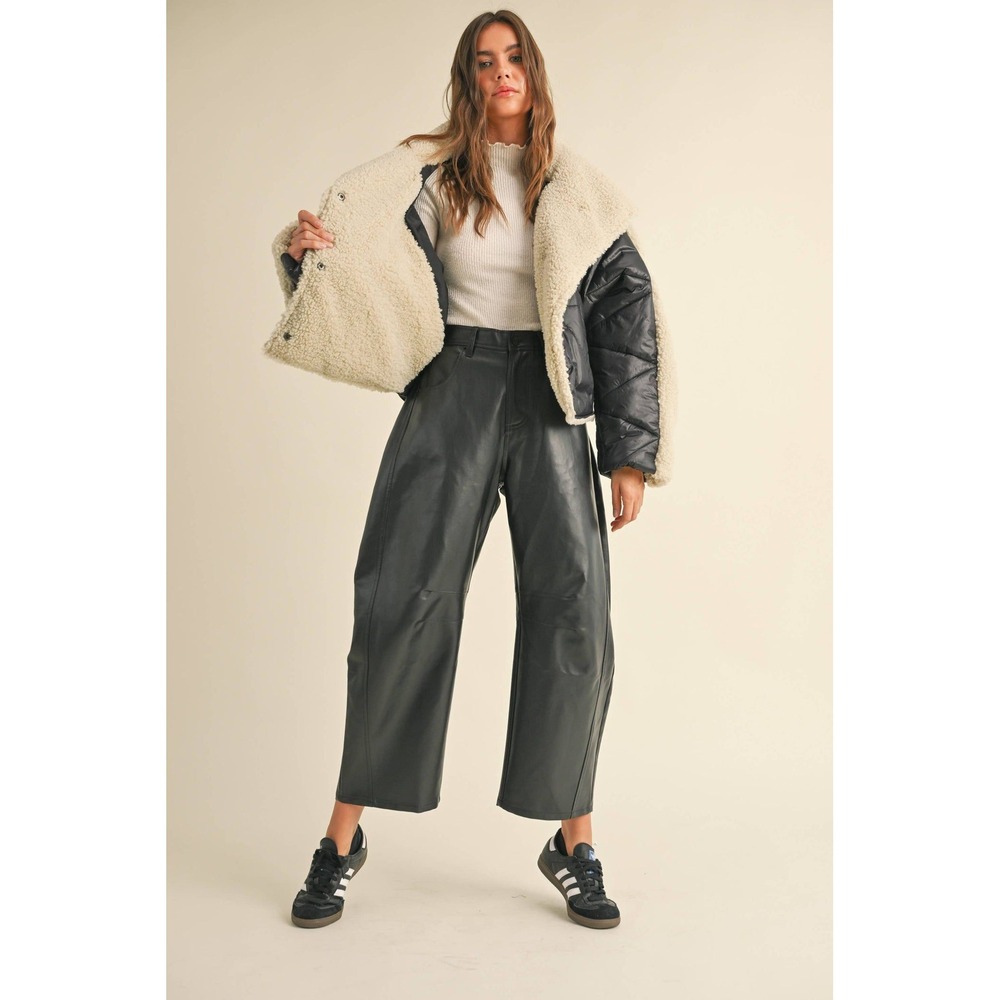 We The Free Misha High Rise Wide Barrel Pants Black Coated Vegan Leather 29